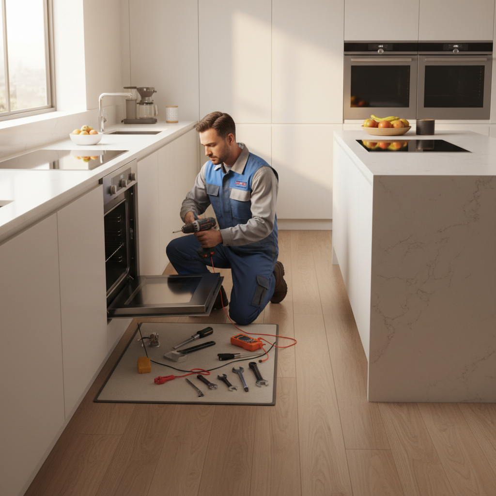 Technician repairing a built-in oven in a modern kitchen